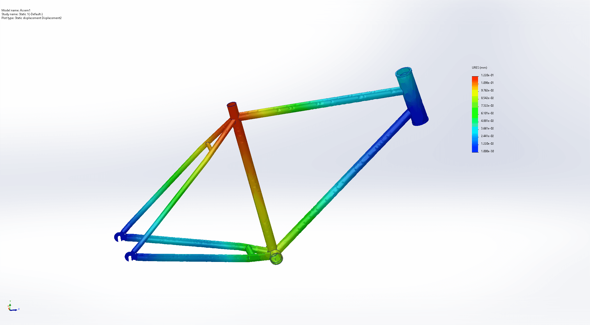 SolidWorks displacement result for the nominal bicycle-frame load case