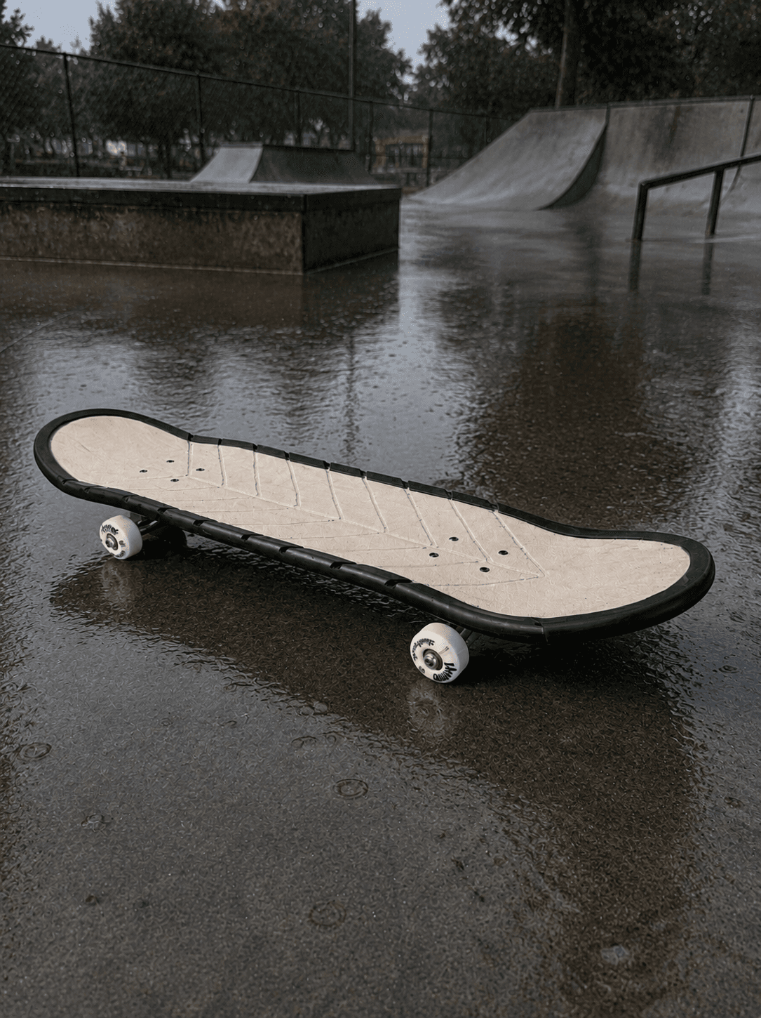 Deck in the Rain skateboard displayed in a wet skatepark
