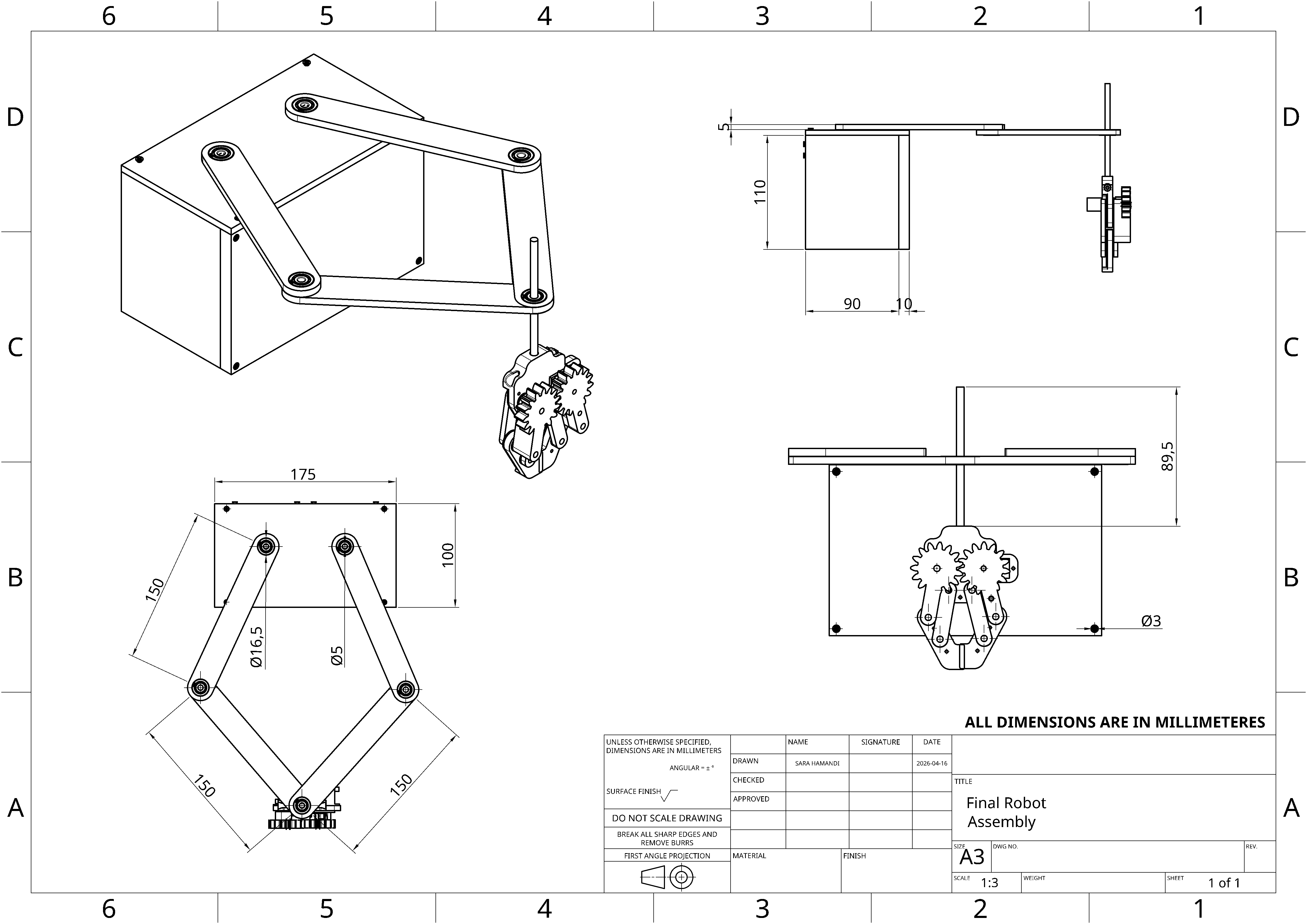 Engineering drawing of the final five-bar mechatronic system