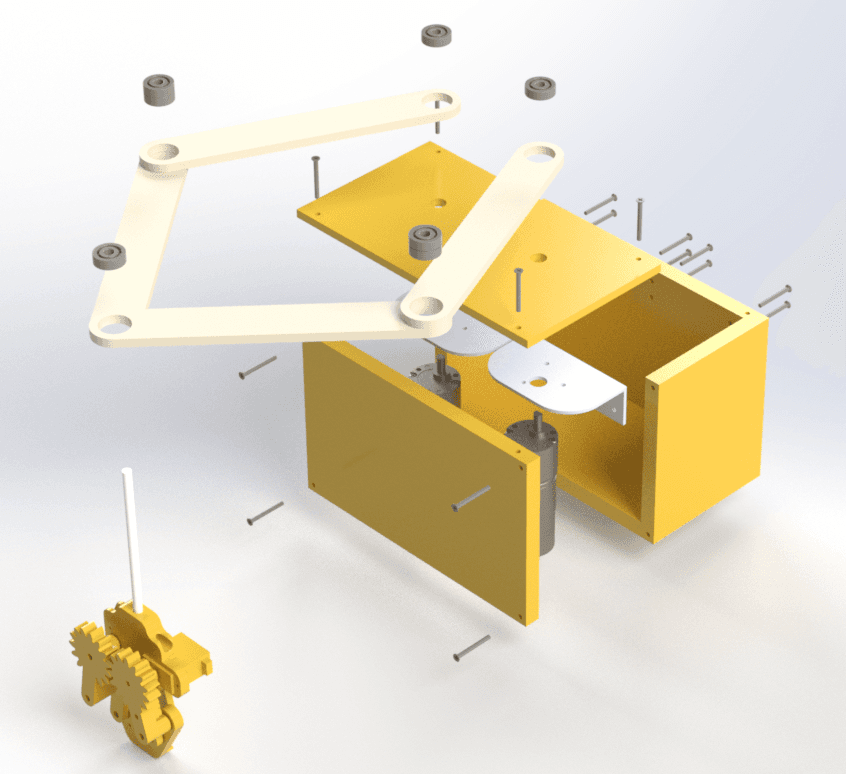 Exploded CAD assembly showing the robot's mechanical components