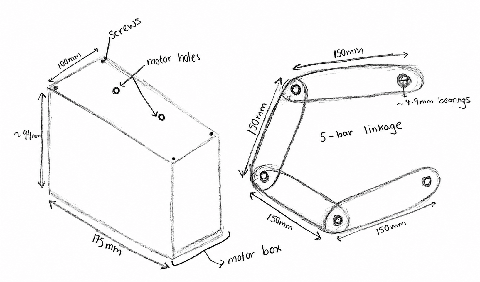 Initial robot sketches exploring motor placement and linkage geometry