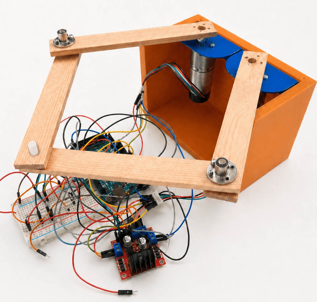 Physical five-bar robot prototype with wooden links, motors and electronics