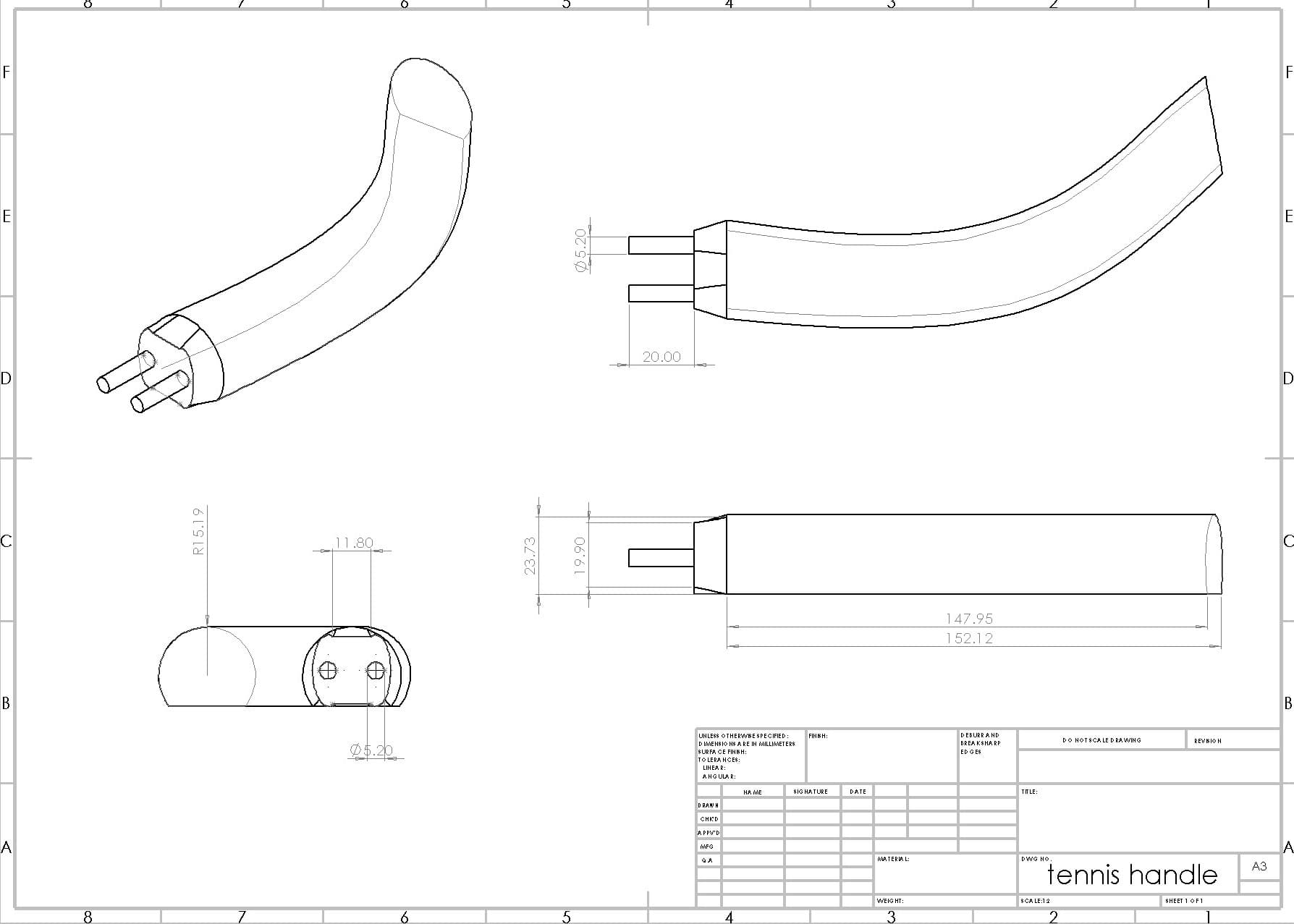 Technical drawing sheet documenting the curved handle and attachment geometry