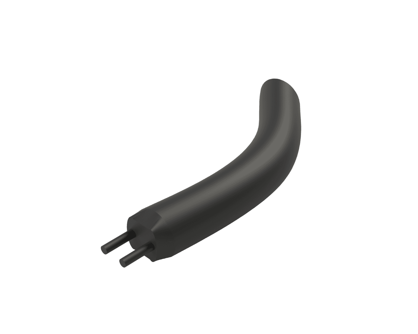 Dark CAD render of the curved handle and attachment pins