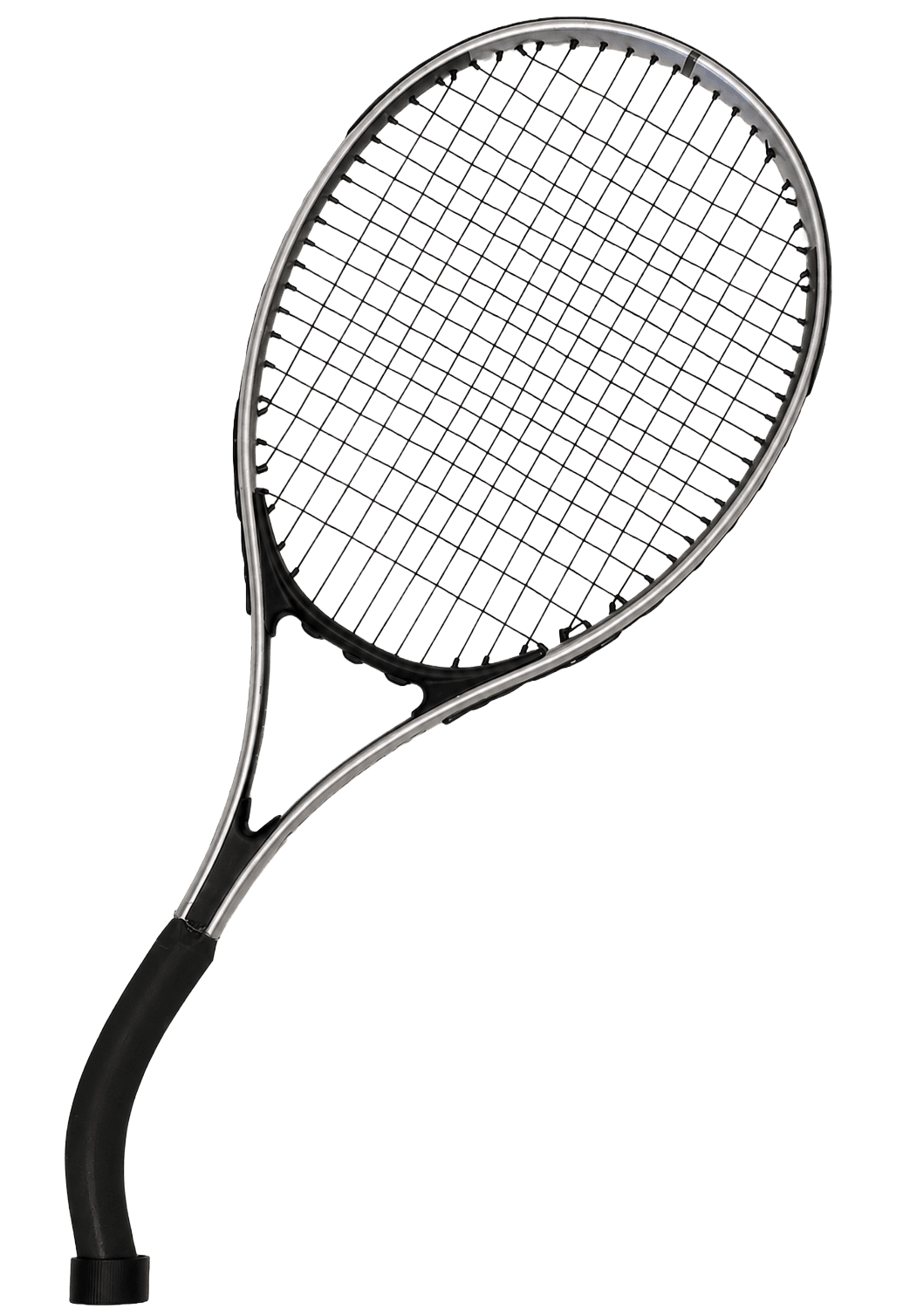 Tennis racket fitted with the curved Strainlessly Serve handle concept